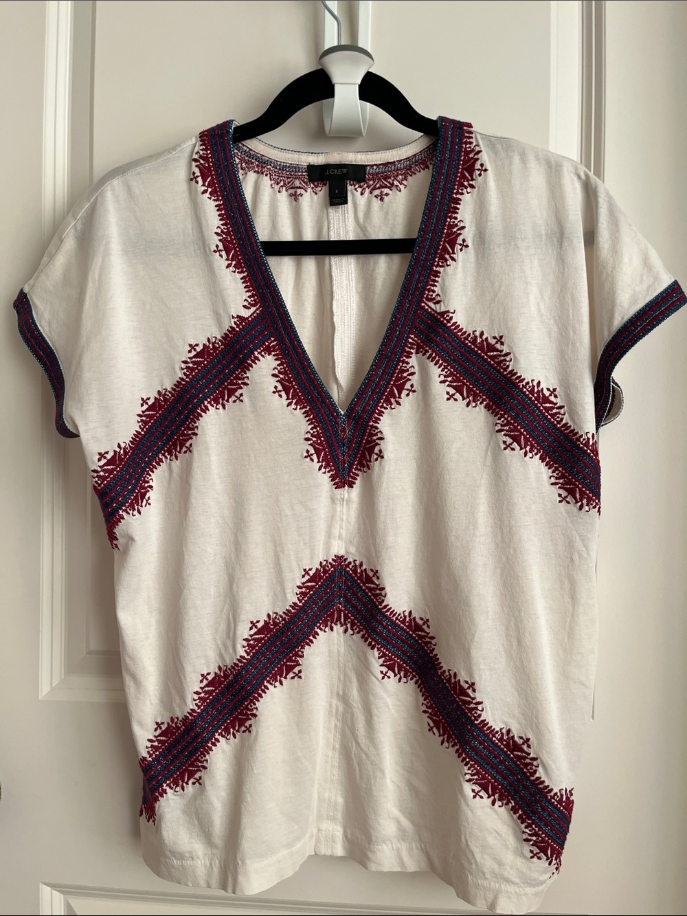 J. Crew White Cotton Short-Sleeve Top with Red & Navy Embroidery